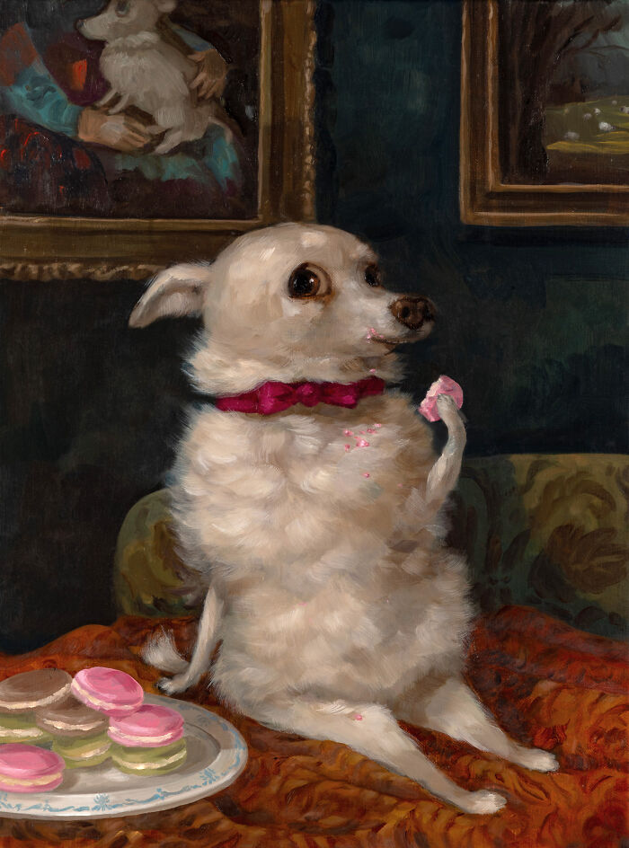 Cute animal painting of a white dog eating pink macarons by Alison Friend
