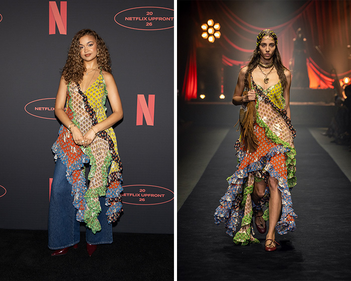 A star wearing a colorful ruffled dress over jeans at an event, side-by-side with a runway model in the same flowing ruffled outfit.