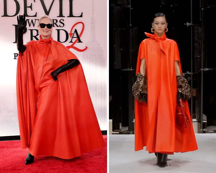 A star in a flowing red cape on a red carpet, side-by-side with a runway model showcasing a similar red cape outfit.