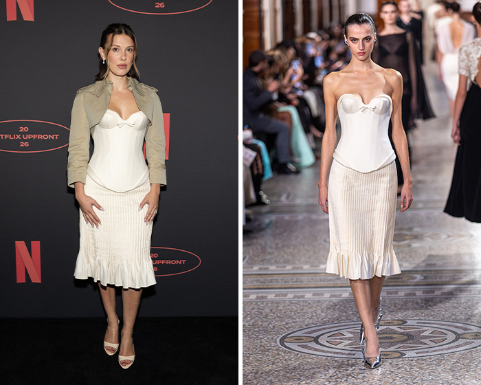 A star wearing a white corset top and pleated skirt with a jacket at an event, side-by-side with a runway model in the same white outfit.