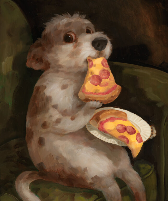 Dog eating pizza slice sitting on a chair in funny animal paintings by Alison Friend