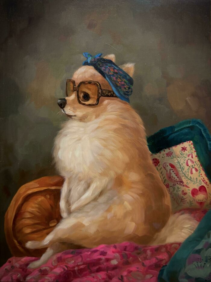 Whimsical dog painting of a fluffy dog with glasses and a headband posing indoors