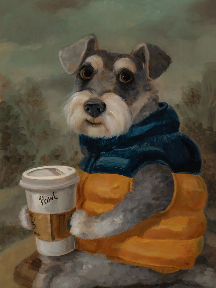 Stylish dog with a coffee cup painting in funny animal paintings