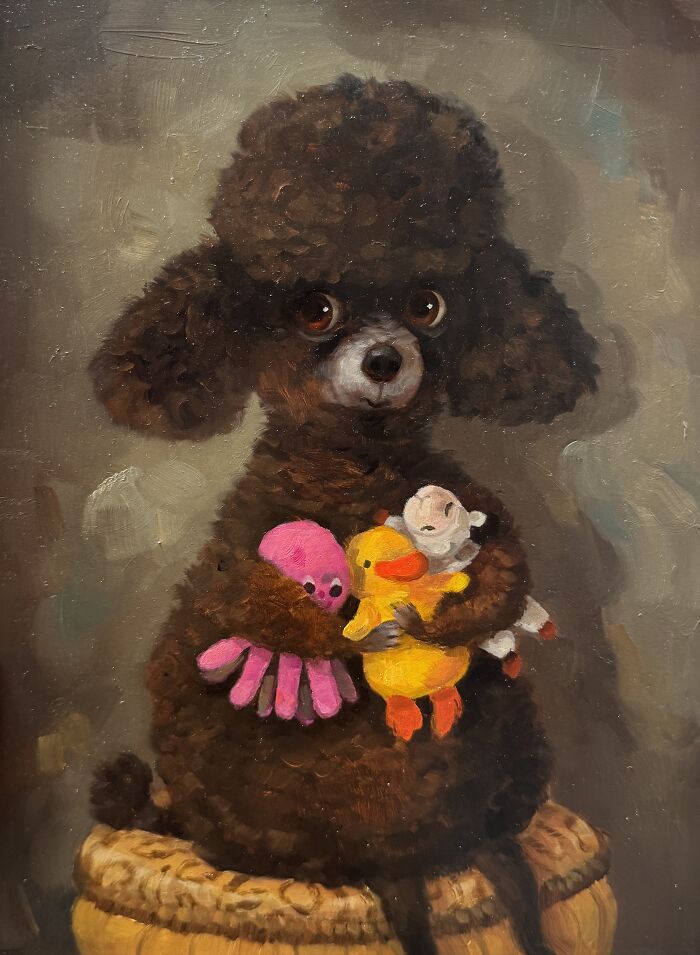Adorable poodle dog painting holding colorful toys in cute animal paintings