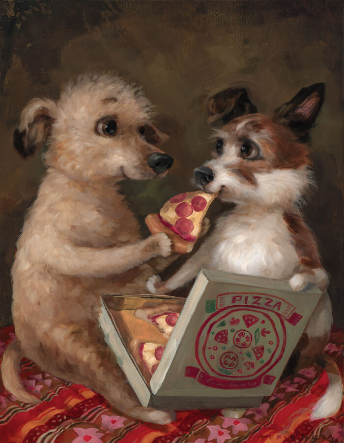 Funny animal paintings of two dogs sharing a slice of pizza from a box