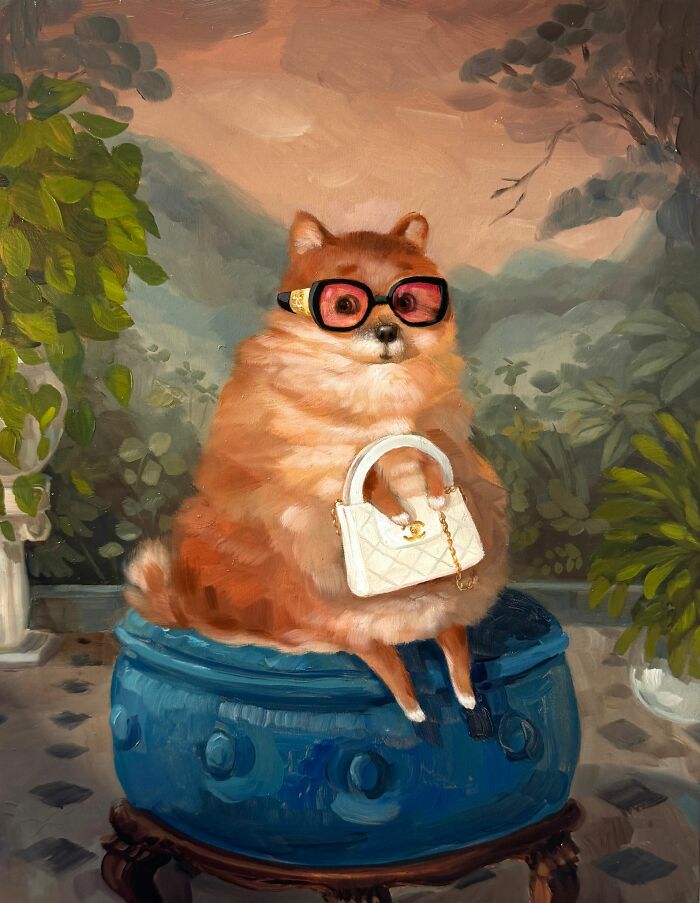 Cute dog painting wearing glasses and holding a handbag in funny animal paintings