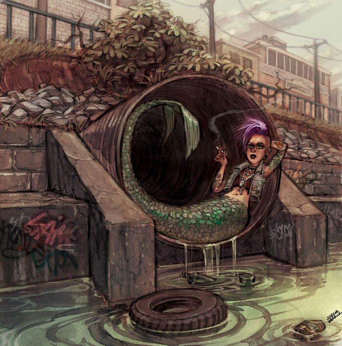 A funny illustration of a punk rock mermaid smoking in a sewer pipe, showcasing mythical creatures in urban life.