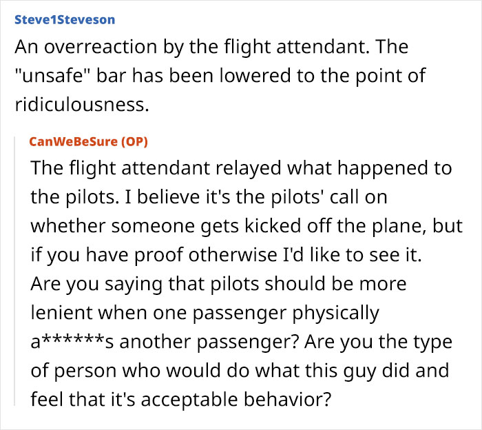 A screenshot of a Reddit comment section where a user discusses a physical altercation at the airport, questioning flight attendant decisions. A screenshot of a Reddit comment section where a user discusses a physical altercation at the airport, questioning flight attendant decisions.