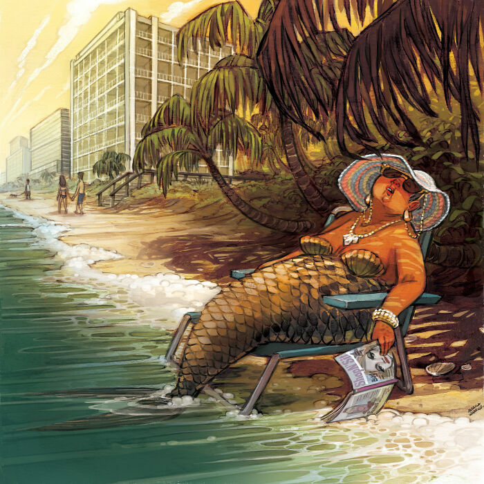 A funny illustration of a mermaid sunbathing on a beach chair, depicting mythical creatures enjoying a vacation.
