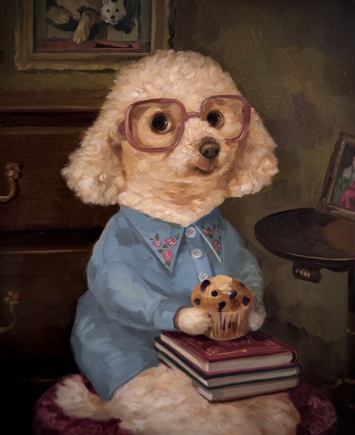 Charming dog painting featuring a poodle wearing glasses and holding a muffin