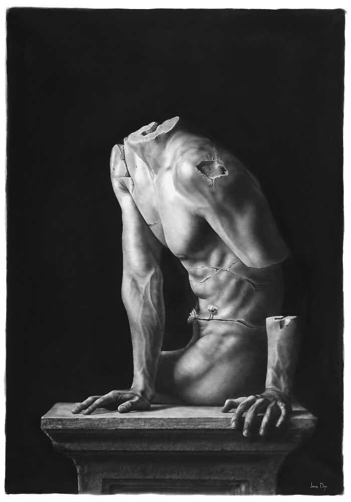 Surreal pencil drawing of a cracked headless male torso on a pedestal with a flower growing from the body