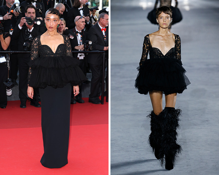 A star in a black lace and ruffled top with a long black skirt at a red carpet event, side-by-side with a runway model in a similar short outfit.