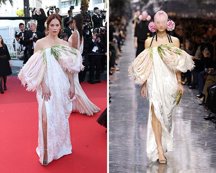 A star wearing a white off-the-shoulder gown with voluminous sleeves at a red carpet event, side-by-side with a runway model in the same outfit.