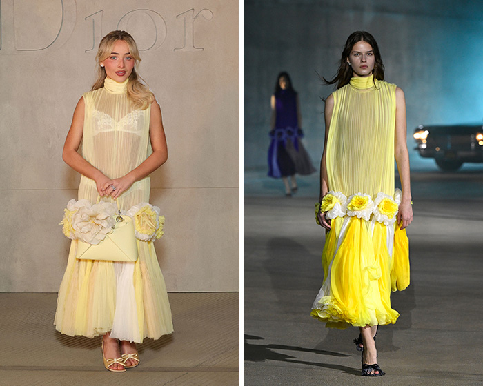 Sabrina Carpenter wearing a yellow sheer runway outfit with floral accents, next to the original runway outfit.