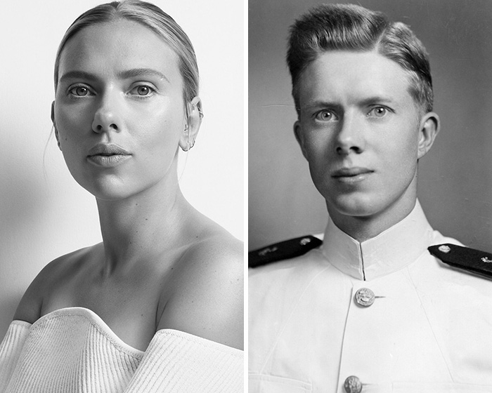 Black and white photos showing actor and real-life person resemblance