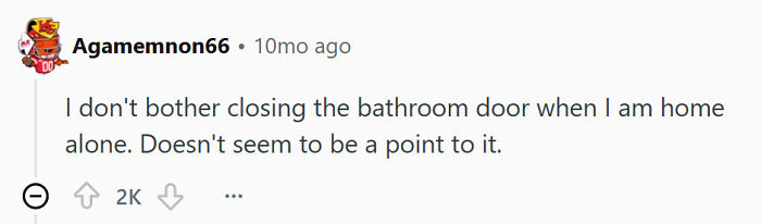 A screenshot of a Reddit comment where a user admits not closing bathroom door, a disturbing thing single men do.
