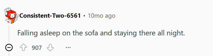 A screenshot of a Reddit comment where a user admits sleeping on the sofa, a disturbing thing single men do.