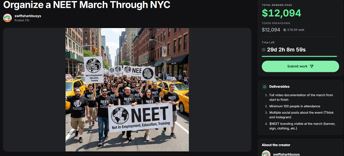 Organize NEET march in NYC protest with banners and large crowd on city street