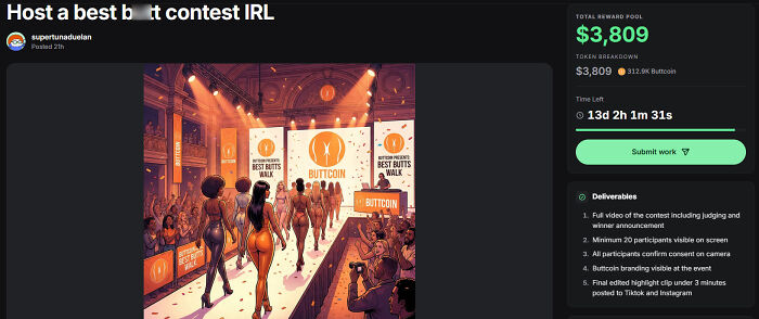 Host best b**t contest IRL event with participants walking on stage under Bitcoin branding