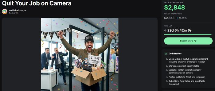 Quit your job on camera celebration with man holding box and coworkers cheering