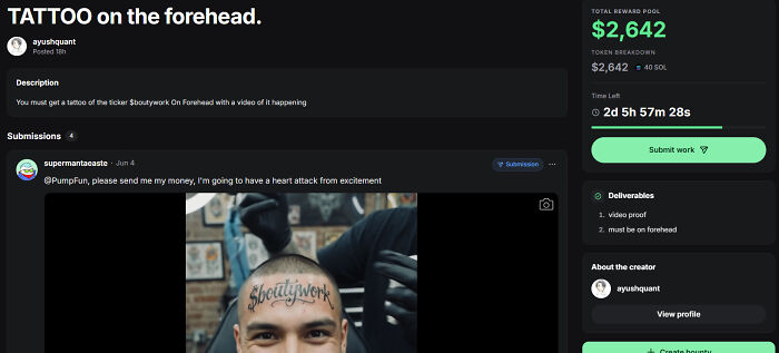 Forehead tattoo on man displaying $bootywork hashtag for viral platform bounty