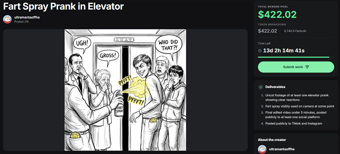 Fart spray prank in elevator bounty with $422 reward on scandalous new platform