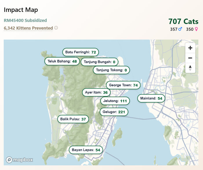 An impact map displaying areas where an organization has helped hundreds of street cats through local action and technology.