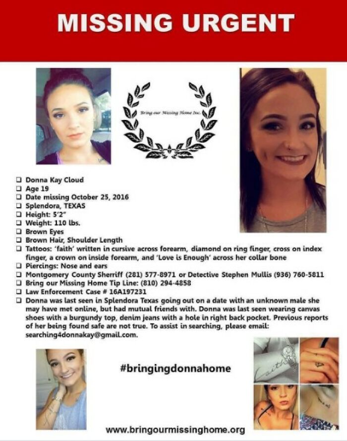 A missing person poster for Donna Kay Cloud, highlighting an urgent unsolved mystery.