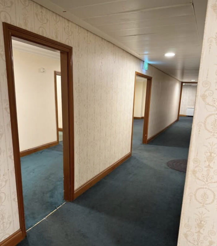 A long, empty hotel hallway with patterned wallpaper and blue carpet, creating a haunting liminal space.