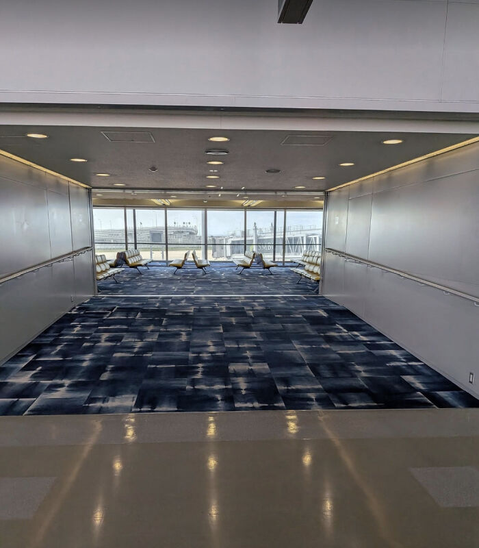 An empty airport waiting area with blue patterned carpet and seats, creating a haunting liminal space.