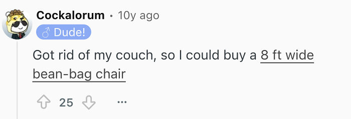 Screenshot of Reddit comment about single men's disturbing habits: replacing a couch with an 8 ft wide bean-bag chair.