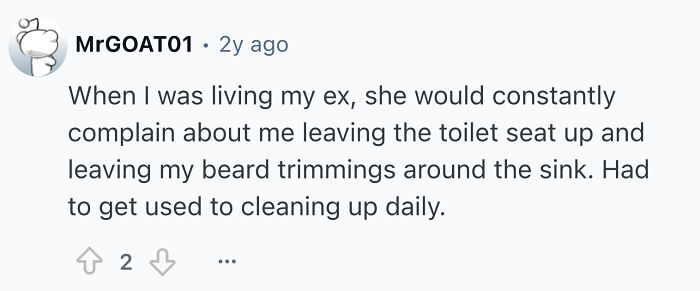A screenshot of a Reddit comment by user MrGOAT01 admitting to disturbing things single men do: leaving toilet seat up and beard trimmings around the sink.