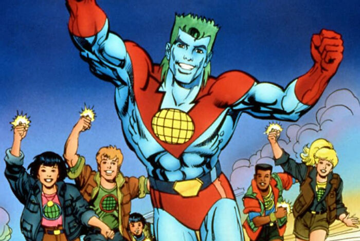 Captain Planet with the Planeteers, showcasing a true fact from Wyoming with only 2 escalators.