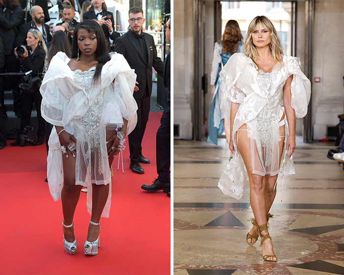 Singer Tierra Whack wearing a white sculptural runway outfit on the red carpet, next to the original runway outfit.