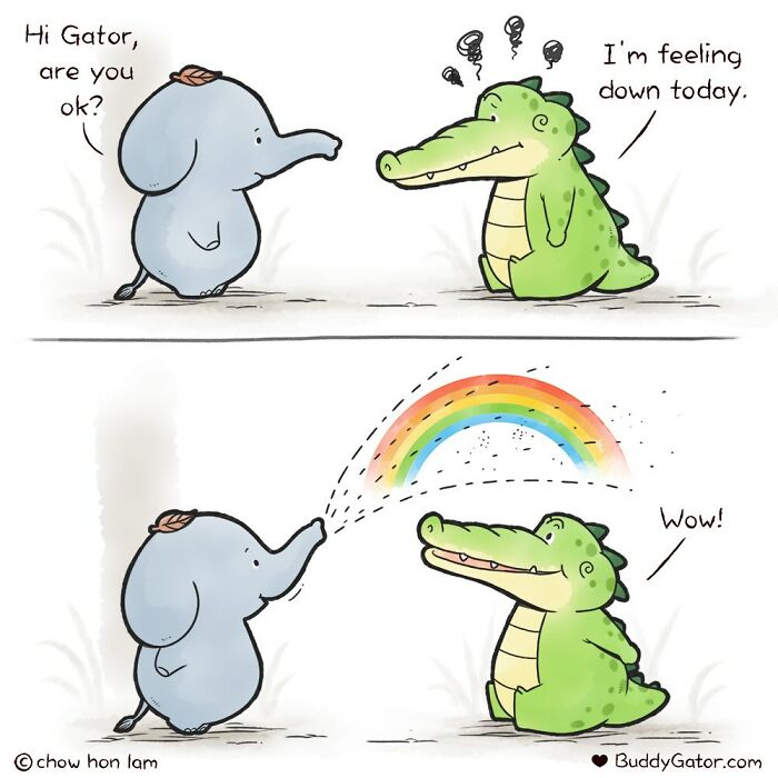 A wholesome comic of an elephant cheering up a sad alligator by spraying a rainbow.