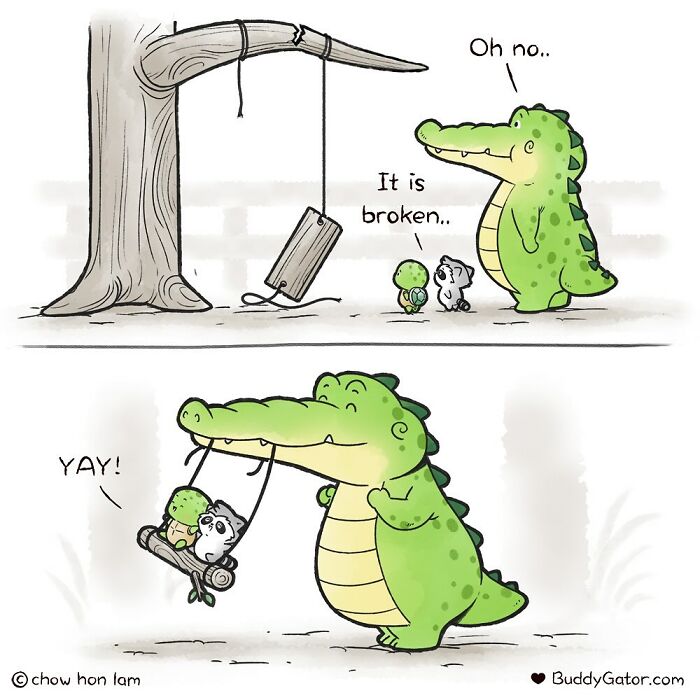 A wholesome comic where an alligator fixes a broken swing for a turtle and mouse to play on.