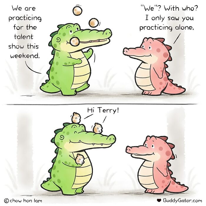 A wholesome comic shows an alligator practicing juggling, then with tiny birds on its head for a talent show.