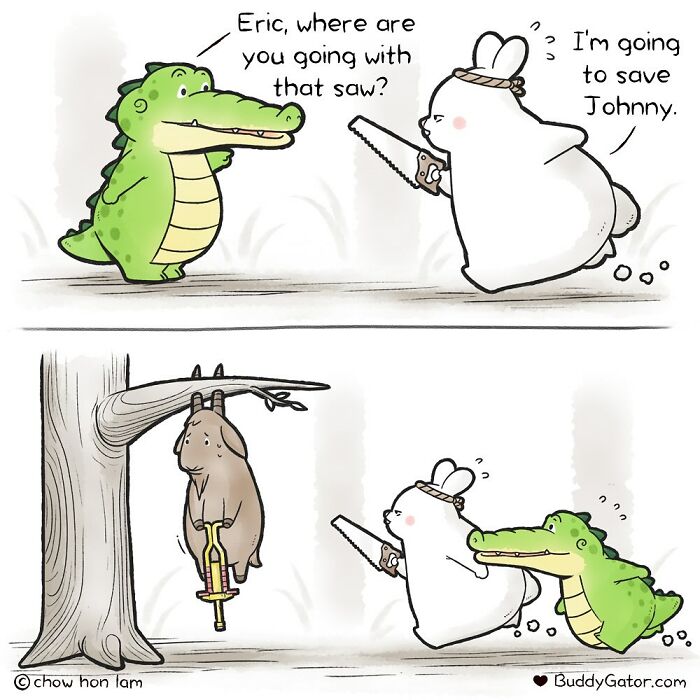 A wholesome comic of an alligator asking a bunny about a saw, then the bunny and alligator try to save a goat.