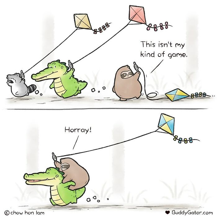 Wholesome comics of an alligator and friends attempting to fly kites, with a sloth riding the alligator.