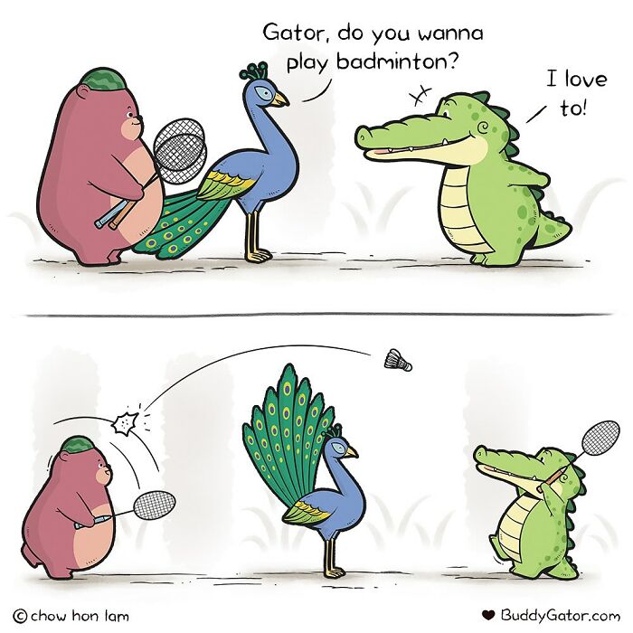 Wholesome comics showing an alligator and his friends playing badminton together outdoors.