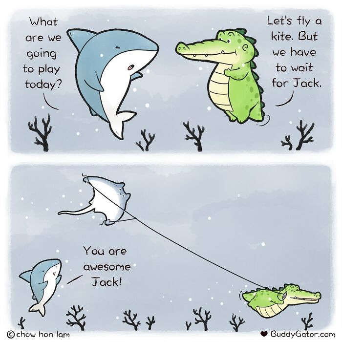 Wholesome comics with an alligator and his friends flying a stingray kite, with a shark admiring.