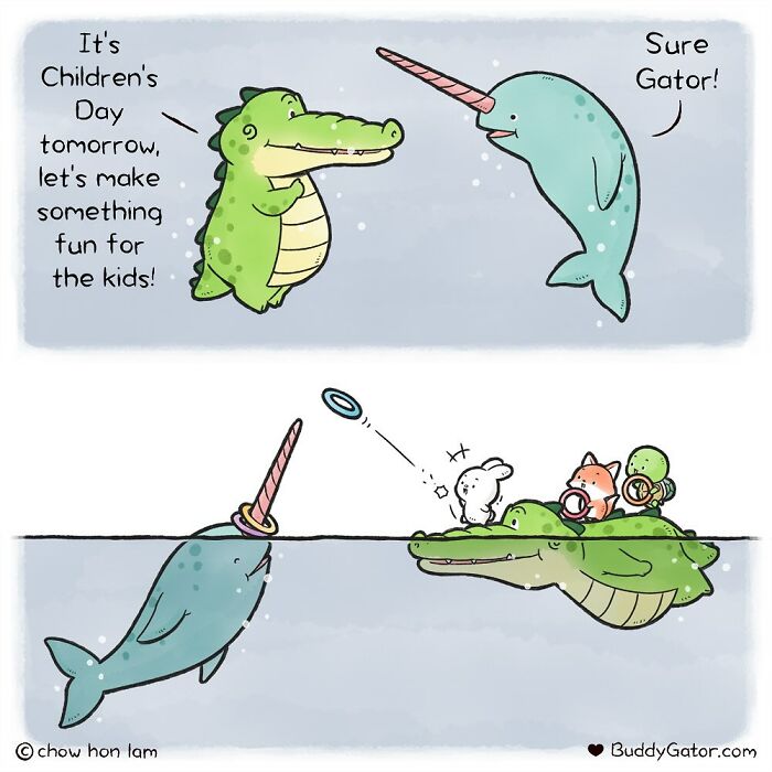 Wholesome comics depicting an alligator and friends playing ring toss, making fun for Childrens Day.