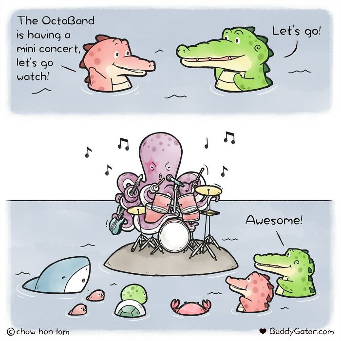 Wholesome comics featuring an alligator and his friends enjoying a mini concert by the OctoBand.