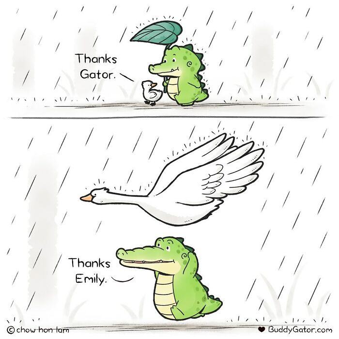 A wholesome comic shows an alligator using a leaf as an umbrella for a duck, then a swan covers the alligator.