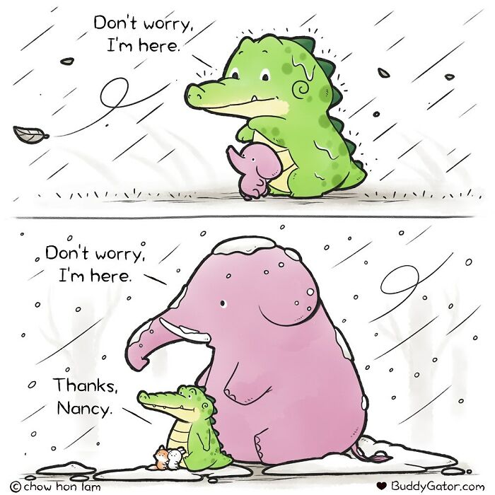Wholesome comics: alligator protects friends from snow, demonstrating the warmth of alligator and friends.