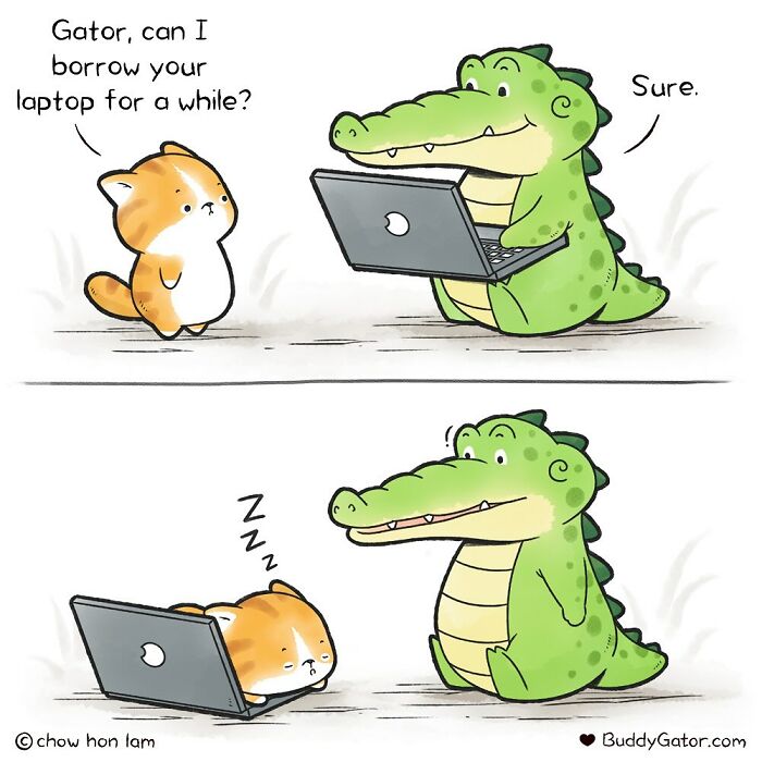 Wholesome comics: alligator lends laptop to cat friend who falls asleep, a cute interaction of alligator and friends.
