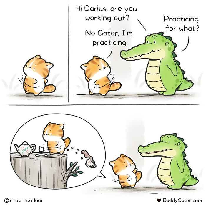 Wholesome comics: alligator watches cat friend Darius practice tea party tricks, a funny moment between alligator and friends.