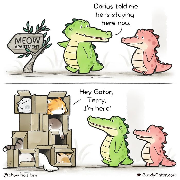 Wholesome comics: alligator and friends meet new cat neighbor, Darius, in apartment boxes.