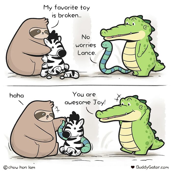 Wholesome comics: alligator helps sloth fix toy zebra with a snake, showing friendship between alligator and friends.