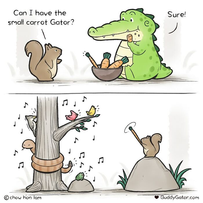 Wholesome comics about an alligator sharing a carrot with a squirrel friend, who then plays music for animals.